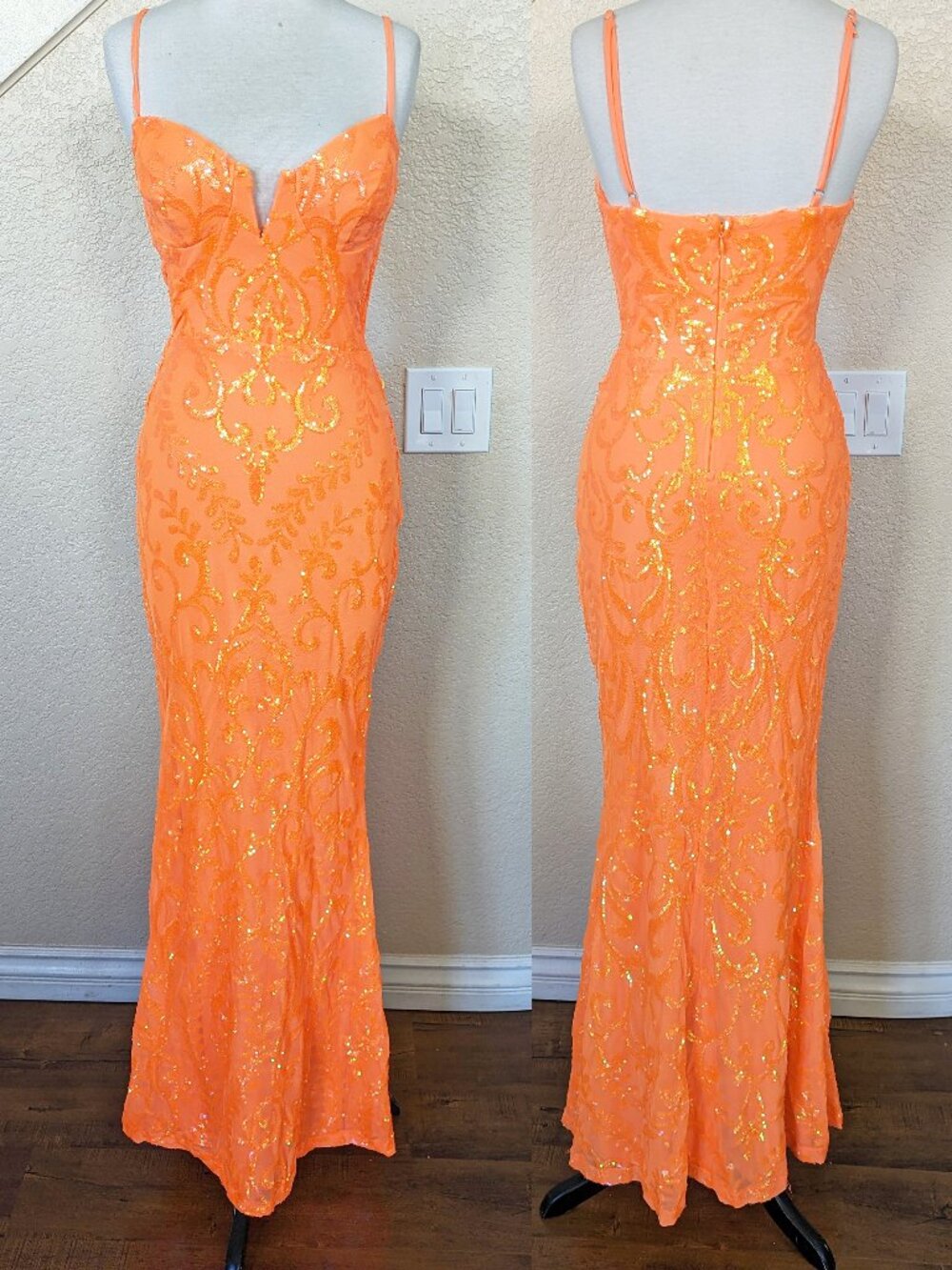 Neon Orange Sequin Formal Prom Evening Dress 6